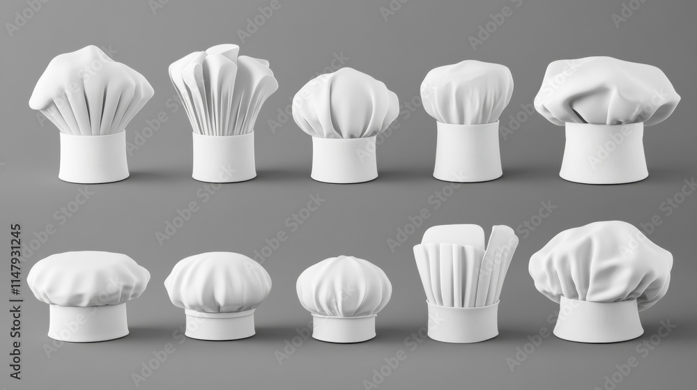 Chef hats, cook caps and baker toques realistic mockup. White restaurant uniform headwear, professional small, medium and tall french style clothing of kitchen staff, 3d vector illustration Chef hats, cook caps and baker toques realistic mockup. White restaurant uniform headwear, professional small, medium and tall french style clothing of kitchen staff, 3d vector illustration