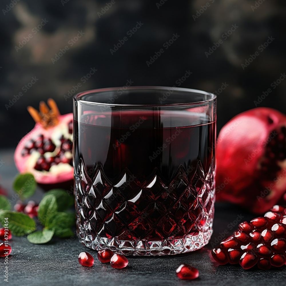 A glass of dark red pomegranate juice surrounded by fresh pomegranate seeds and mint leaves, set against a dark, moody background. A glass of dark red pomegranate juice surrounded by fresh pomegranate seeds and mint leaves, set against a dark, moody background.