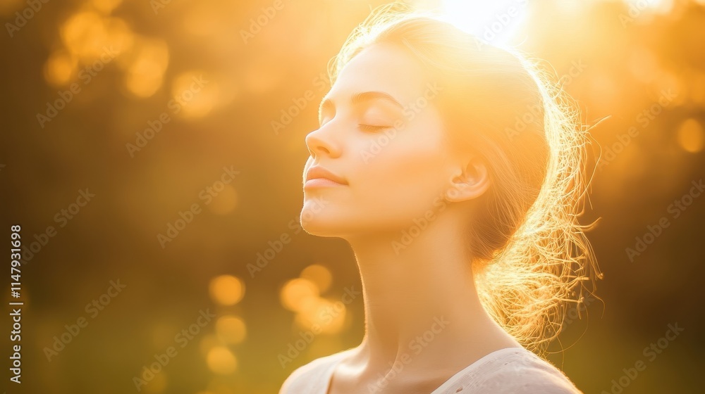 A serene woman enjoying the warmth of sunlight, her face radiating calmness and tranquility in a natural setting. A serene woman enjoying the warmth of sunlight, her face radiating calmness and tranquility in a natural setting.