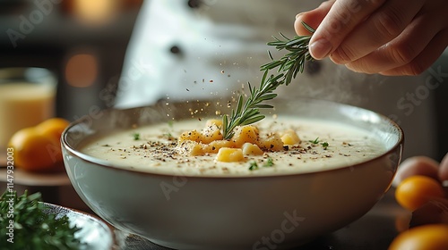 A chef adding a sprig of rosemary to a bowl of creamy soup, masterpiece, ultra realistic, 8k, best quality, isolated on a cozy dinner table setup photo