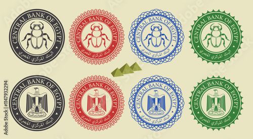 Vector graphic set of financial fictional Egyptian seals. Round icons with scarab beetle and heraldic eagle. Arabic inscription means Central Bank of Egypt.