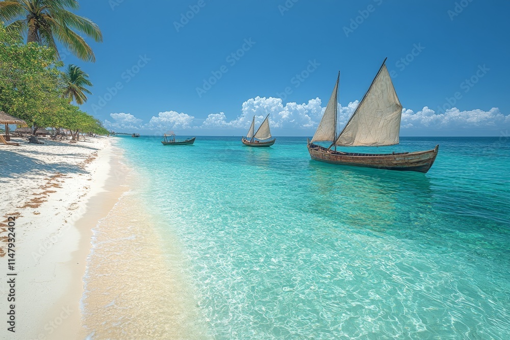 Obraz premium A serene beach with turquoise waters, white sand and traditional boats in the background. Generative AI
