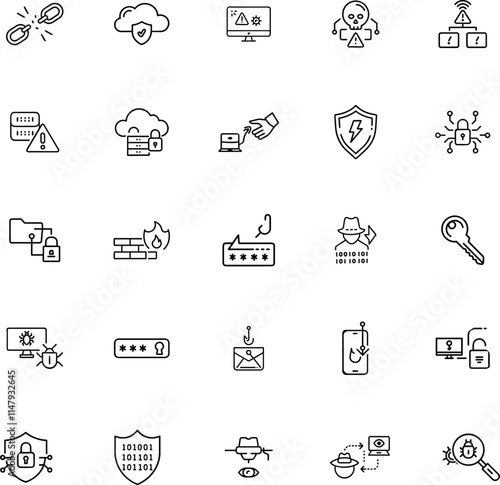 Cybersecurity Threats Icons of Data Breach, Hacking, and Network Risks