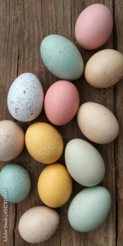Speckled and solid-colored Easter eggs arranged artfully on rustic wood, painted, pastel