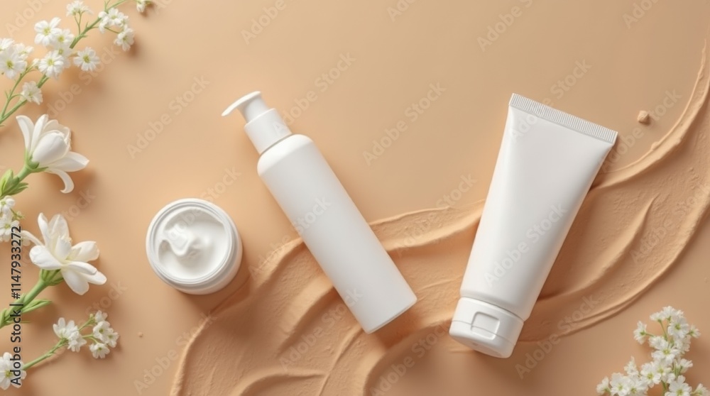 Top view composition of white and brown plastic tubes for cosmetic products on Mocha Mousse background. 2025 Trend. Top view composition of white and brown plastic tubes for cosmetic products on Mocha Mousse background. 2025 Trend.
