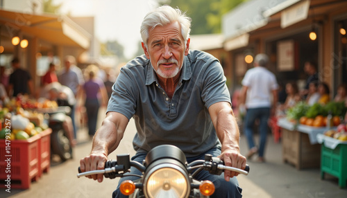 Elderly biker enjoying a lively market ride surrounded by colorful stalls and bustling activity in a sunny afternoon photo