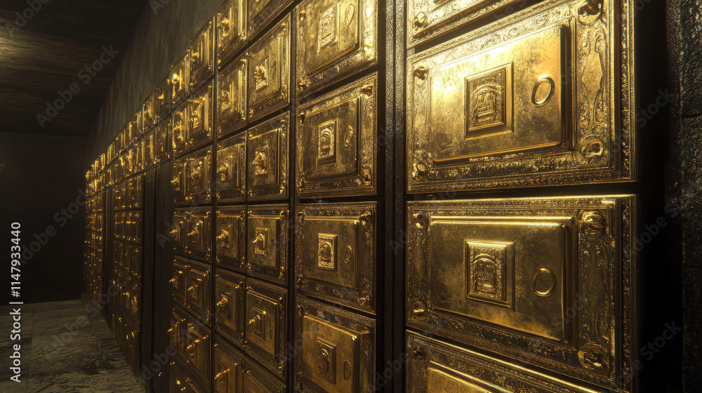 Bank vault box, open safe with money. Icons of gold safe boxes with open doors, golden coins and bills inside. Concept of finance, treasure, wealth, deposit, vector cartoon set Bank vault box, open safe with money. Icons of gold safe boxes with open doors, golden coins and bills inside. Concept of finance, treasure, wealth, deposit, vector cartoon set