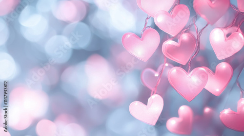 Pink heart shaped lights with a soft blue bokeh background