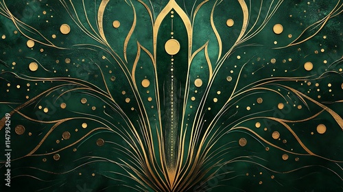 Elegant art deco Christmas tree design for luxury invitation with subtle gold accents and spot texture on green background