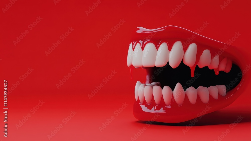Obraz premium Sexy Vampire Woman lips with blood,Dripping blood on mouth, witches or beast creatures,female lips with fangs,horror holiday monsters,Vampire makeup Fashion Art design,Halloween banner background.