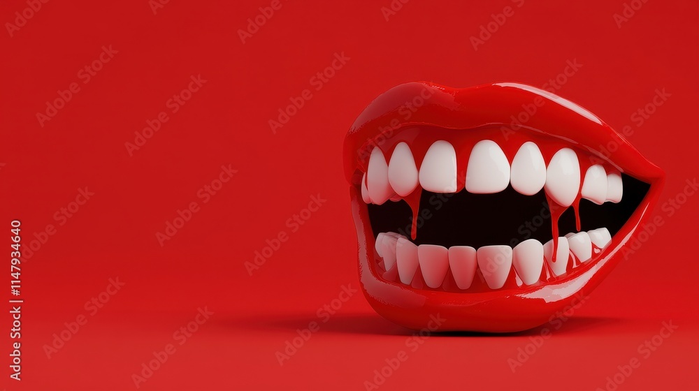 Fototapeta premium Sexy Vampire Woman lips with blood,Dripping blood on mouth, witches or beast creatures,female lips with fangs,horror holiday monsters,Vampire makeup Fashion Art design,Halloween banner background.