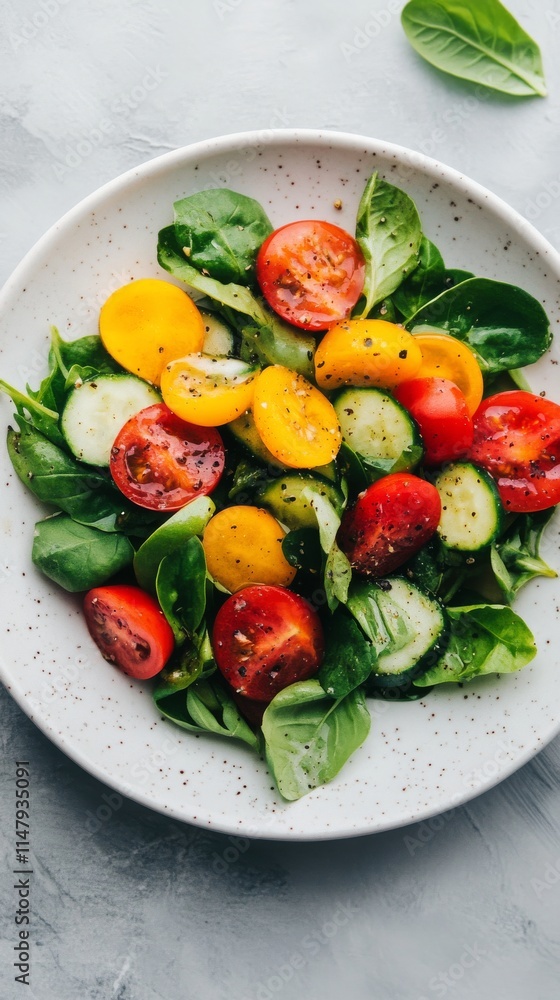 A white plate with a salad of tomatoes, cucumbers, and spinach. The salad is topped with pepper A white plate with a salad of tomatoes, cucumbers, and spinach. The salad is topped with pepper