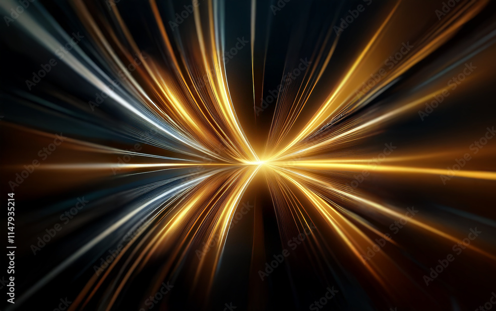 Obraz premium Abstract digital art with bright golden and silver lines converging into a central point.