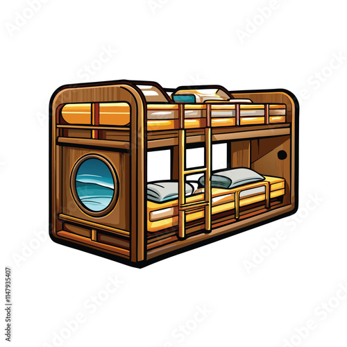 Create a meticulously detailed vector illustration of a ship's crew quarters, showing bunks, shared spaces, and personal effects.  Focus on realistic textures and lighting.