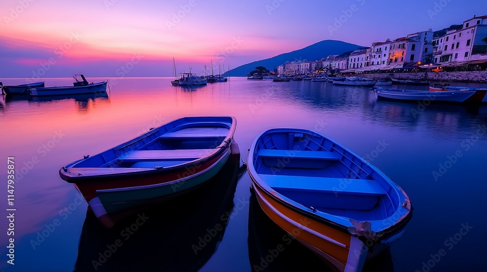 Colorful fishing boats at sunset in a calm harbor with town backdrop. Colorful fishing boats at sunset in a calm harbor with town backdrop.