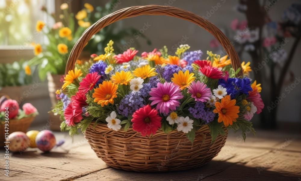 Vibrant flowers surround a wicker Easter egg basket , basket, garden, green grass Vibrant flowers surround a wicker Easter egg basket , basket, garden, green grass