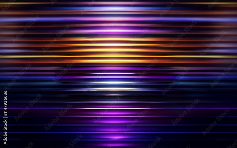 A symmetrical pattern of horizontal, blurred, glowing stripes in shades of purple, blue, yellow, and orange against a dark background. A symmetrical pattern of horizontal, blurred, glowing stripes in shades of purple, blue, yellow, and orange against a dark background.