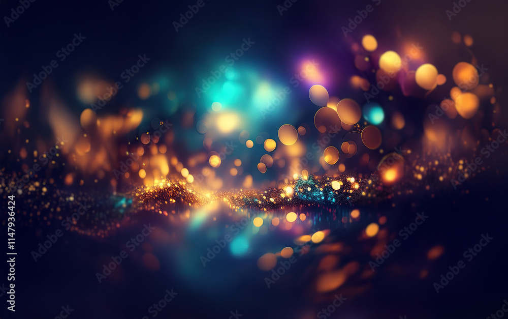 Obraz premium A dark, abstract background with scattered bokeh lights in shades of blue, teal, purple, and gold.