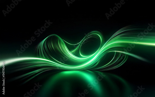 Abstract glowing green light waves on a dark background.