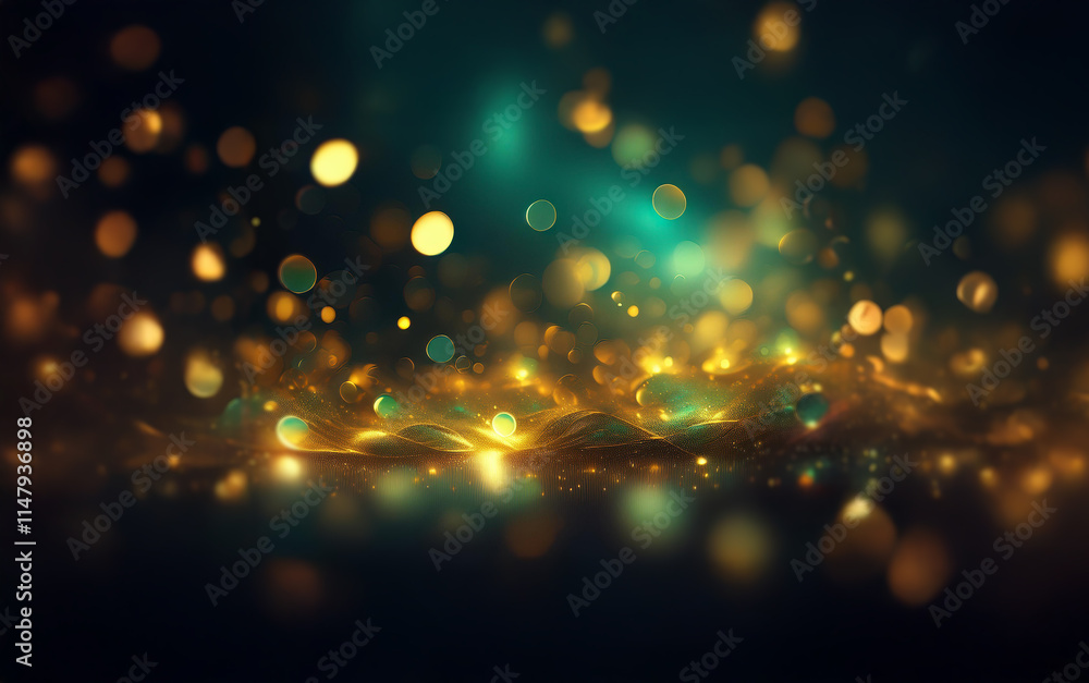 Obraz premium A dark background is illuminated by a collection of out-of-focus, glowing, gold and green lights.