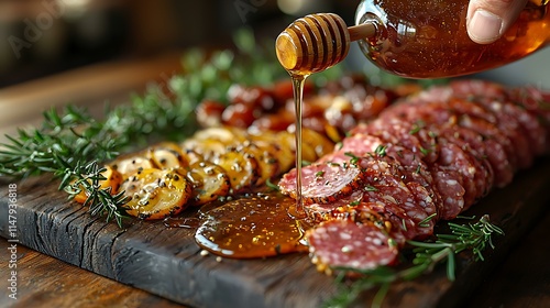 A chef drizzling honey over a charcuterie board, masterpiece, ultra realistic, 8k, best quality, isolated on a luxurious dining table setting