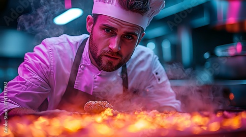 A chef scrambling to fix a broken dish under intense time pressure, masterpiece, ultra realistic, 8k, best quality, isolated on a dramatic competition background