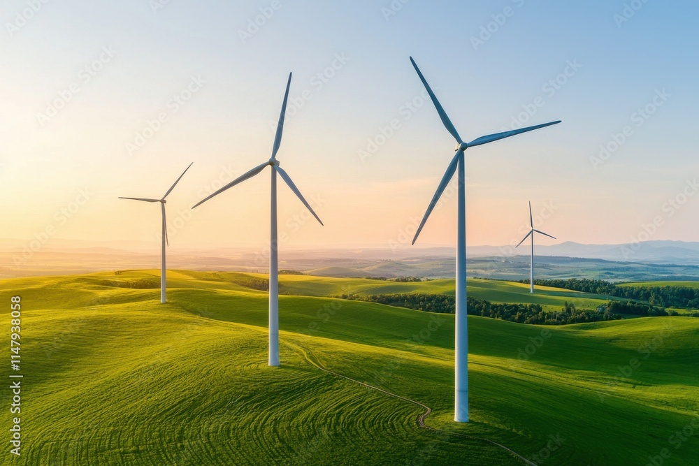 Carbon neutral concept. Wind turbines on rolling green hills under a clear blue sky during sunset. Carbon neutral concept. Wind turbines on rolling green hills under a clear blue sky during sunset.