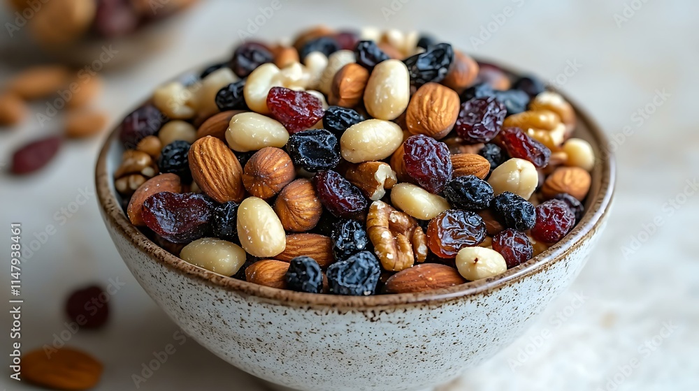 A bowl of mixed nuts and dried fruits, isolated on a neutral beige background A bowl of mixed nuts and dried fruits, isolated on a neutral beige background