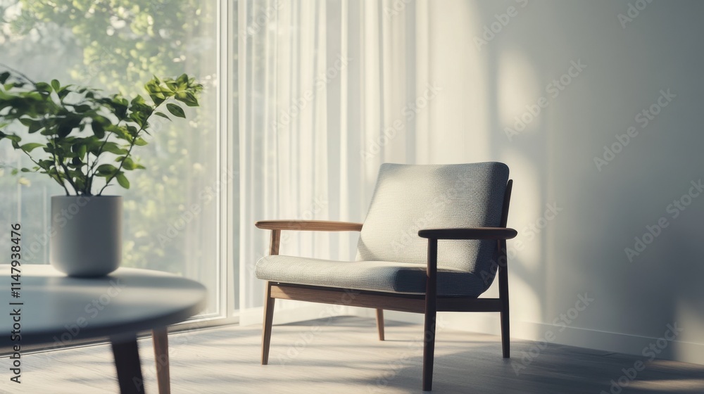 Minimalist modern lounge with refined, stylish design. Featuring clean lines and muted tones Minimalist modern lounge with refined, stylish design. Featuring clean lines and muted tones