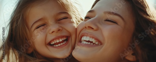 Close up happy faces of beautiful young woman and adorable daughter, smile, laughing revealing white teeth, advertising dental clinic services. Motherhood, upbringing, family ties and love, portrait