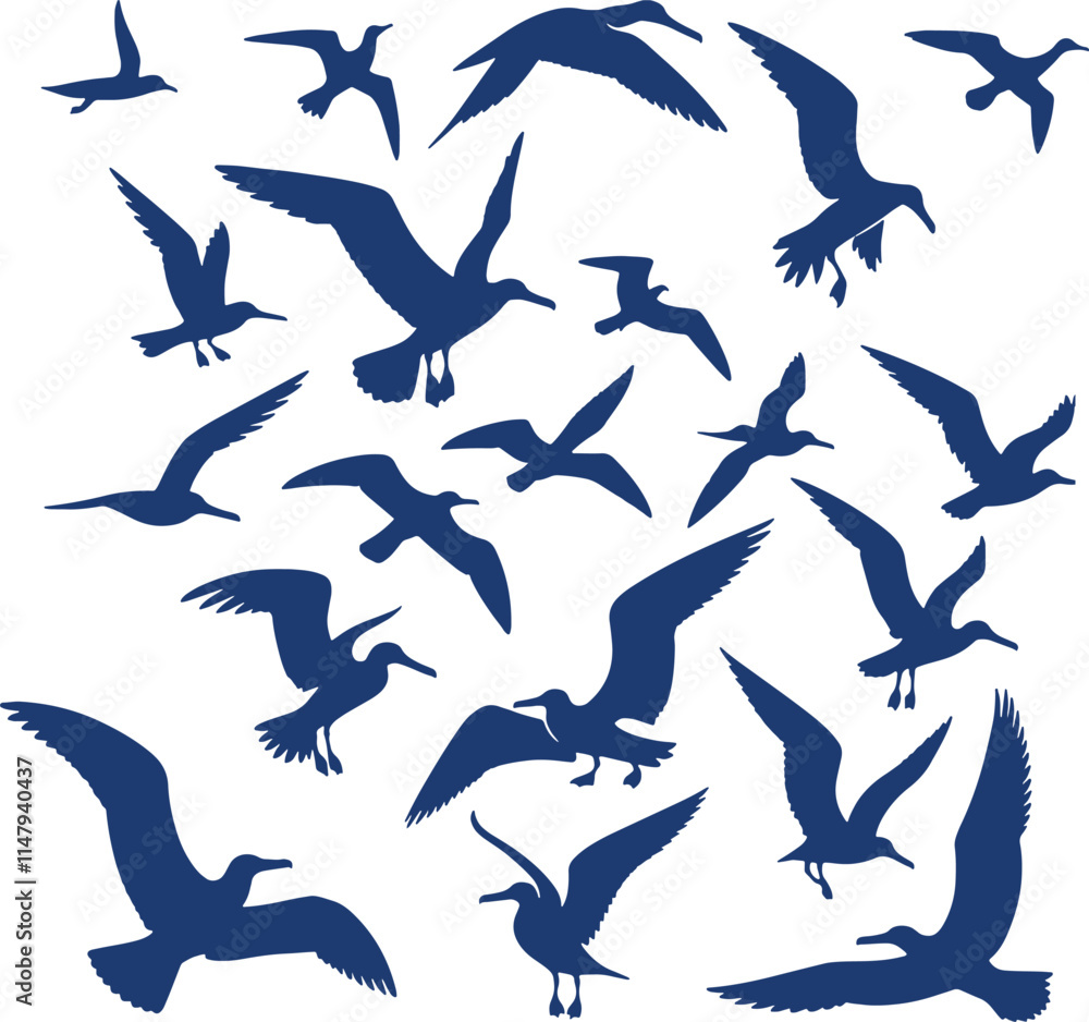 Obraz premium Blue silhouette of many seagulls flying.