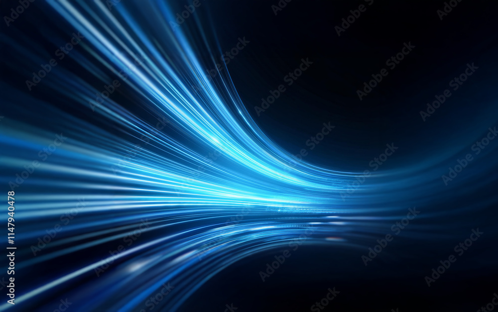 Abstract blue and white light streaks on a black background with a reflection creating a sense of speed and motion. Abstract blue and white light streaks on a black background with a reflection creating a sense of speed and motion.