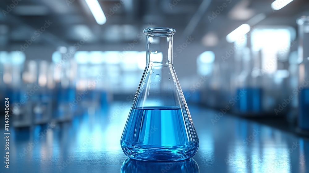 one chemical flask with blue liquid on the table one chemical flask with blue liquid on the table