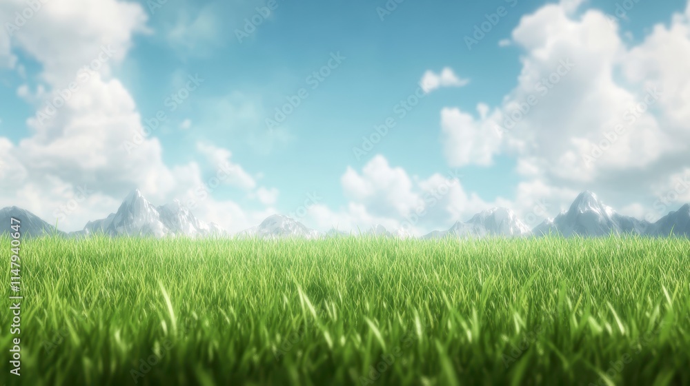 A serene landscape showcasing lush green grass, a clear blue sky, and fluffy clouds, with distant mountains creating a tranquil atmosphere. A serene landscape showcasing lush green grass, a clear blue sky, and fluffy clouds, with distant mountains creating a tranquil atmosphere.