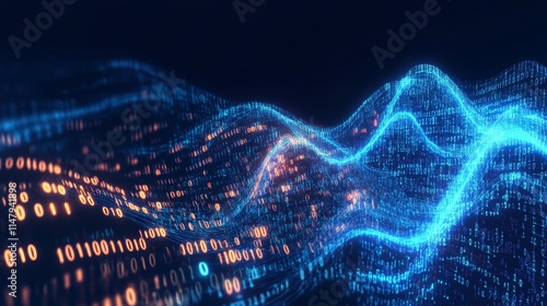 Digital Wave Representing Data Flow Illuminated by Glowing Binary Code in a Dark Background