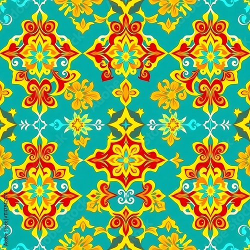 Vibrant Floral Tile Pattern: Seamless pattern of stylized flowers in a traditional tile design, featuring bright turquoise, red, yellow, and white colors. perfect for interior design, textiles.