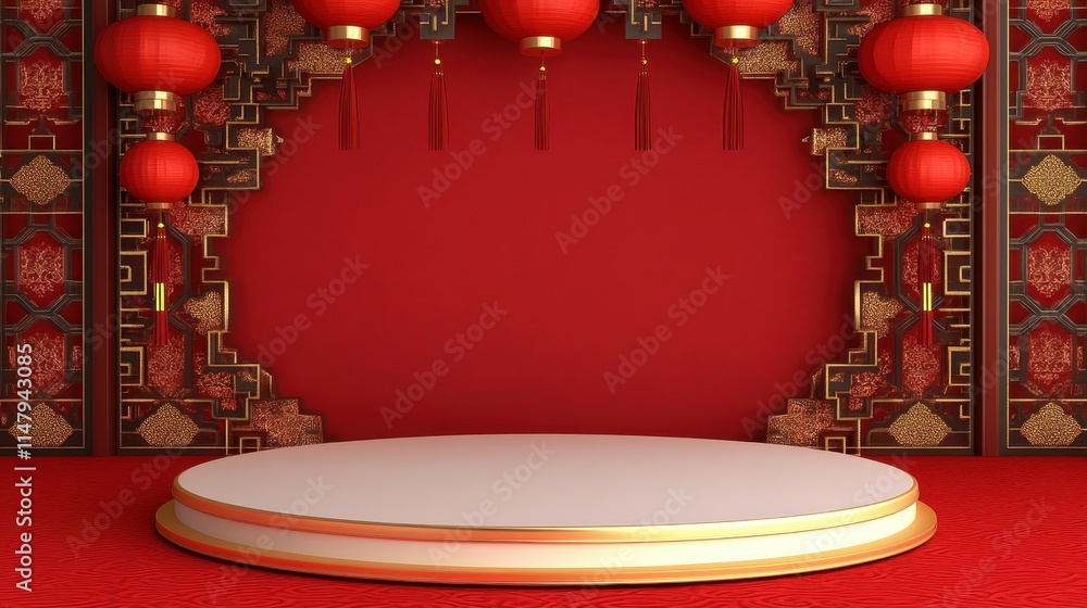 Red Lanterns and Circular Display Platform Festive Scene Red Lanterns and Circular Display Platform Festive Scene