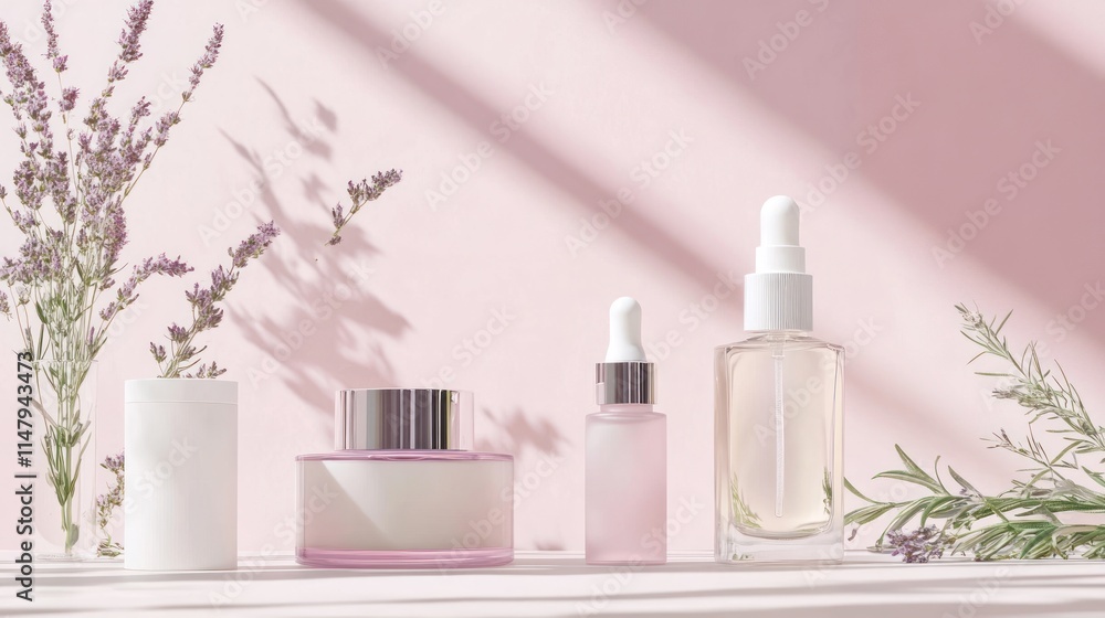 Elegant skincare products displayed with lavender and rosemary Elegant skincare products displayed with lavender and rosemary