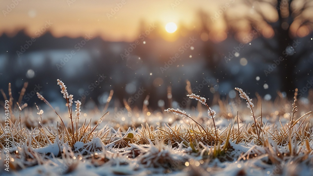 Frosty Grass and Trees in Sunlight with Soft Winter Bokeh Background Frosty Grass and Trees in Sunlight with Soft Winter Bokeh Background