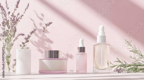 Elegant skincare products displayed with lavender and rosemary