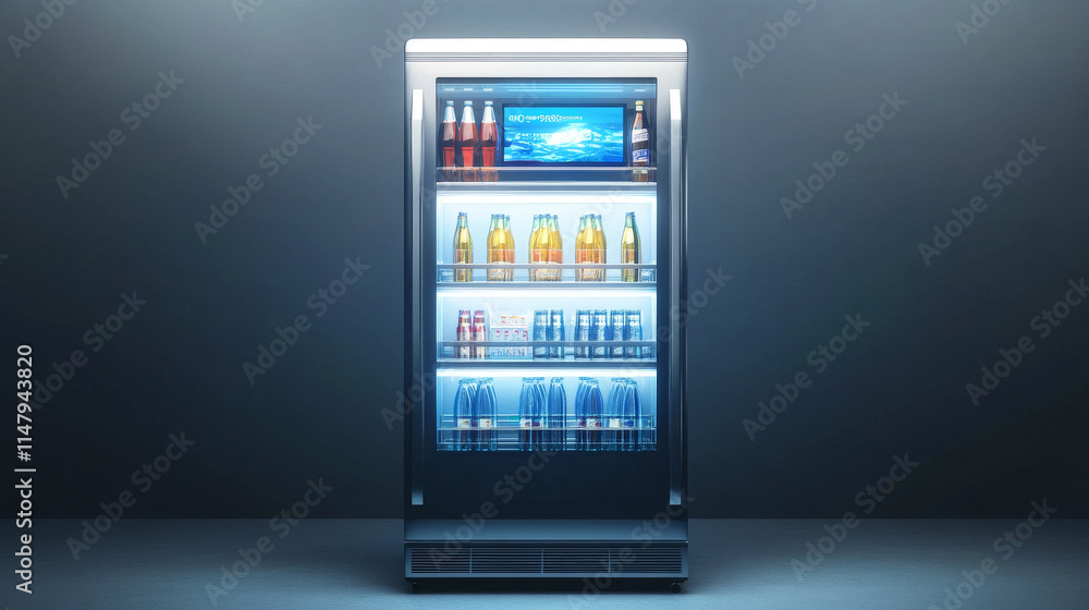 Mini refrigerator with water bottles and beverages, fridge with advertising digital display and transparent close and open glass door. Realistic 3d vector cooler with drinks on shelves front view Mini refrigerator with water bottles and beverages, fridge with advertising digital display and transparent close and open glass door. Realistic 3d vector cooler with drinks on shelves front view
