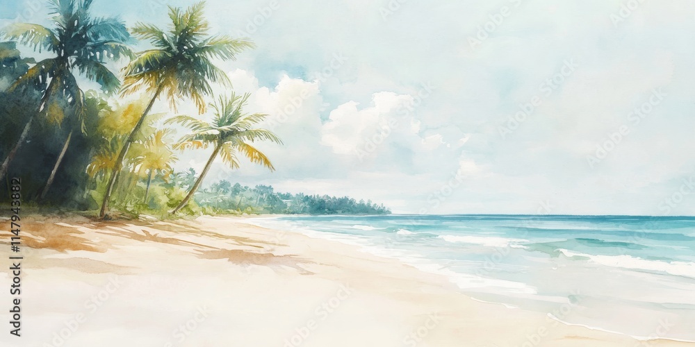 A peaceful tropical beach scene with palm trees and gentle waves, perfect for conveying relaxation and tranquility. A peaceful tropical beach scene with palm trees and gentle waves, perfect for conveying relaxation and tranquility.