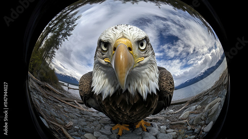 Majestic bald eagle close up with fisheye perspective, showcasing its fierce gaze and details