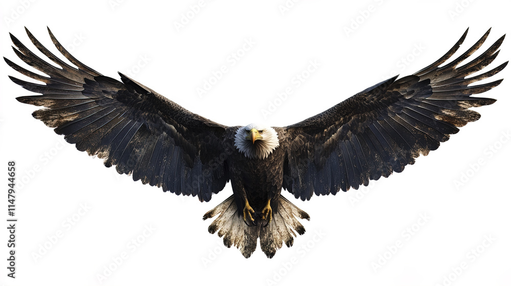 Obraz premium Soaring bald eagle with spread wings against white background
