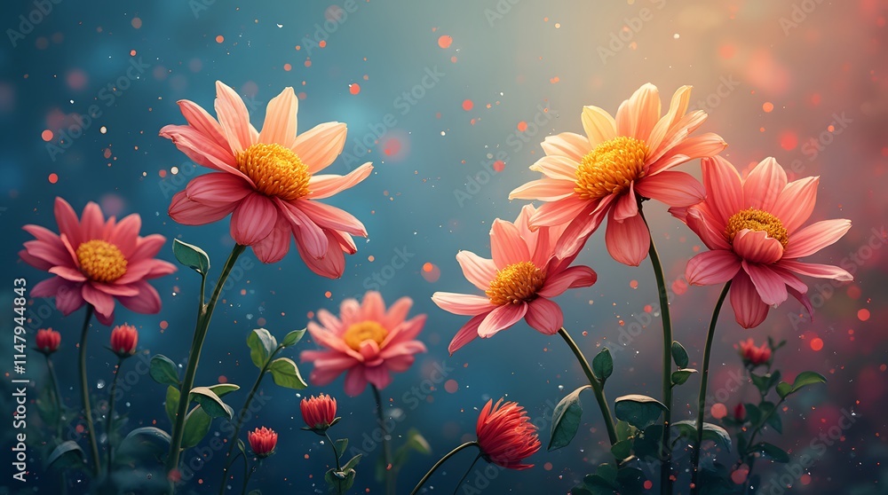 Pink flowers with yellow centers are growing in a field Pink flowers with yellow centers are growing in a field