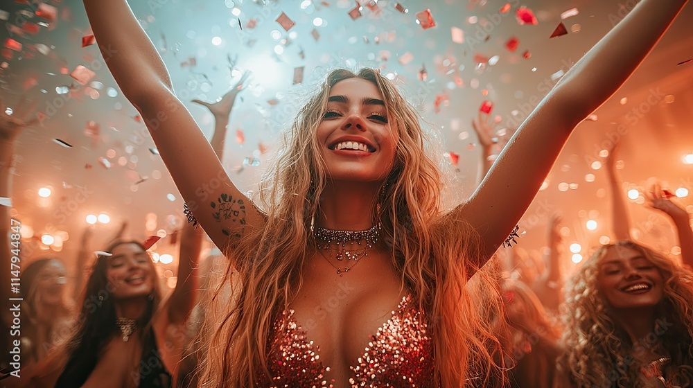 Obraz premium A vibrant party scene with a joyful woman celebrating amidst confetti and friends.