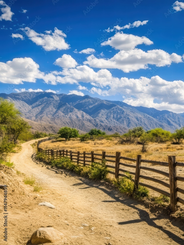 Scenic Mountain Path with Blue Sky and Cotton Clouds in Sunlight Scenic Mountain Path with Blue Sky and Cotton Clouds in Sunlight