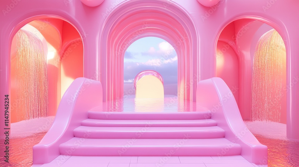Pink Architectural Structure with Steps and Water Features Pink Architectural Structure with Steps and Water Features