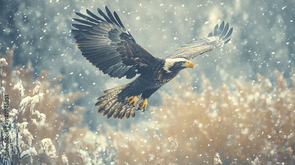 Obraz premium Majestic bald eagle soars gracefully through snowy landscape, showcasing power
