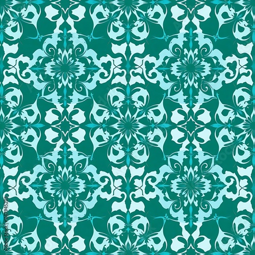 Teal and White Floral Damask Pattern 